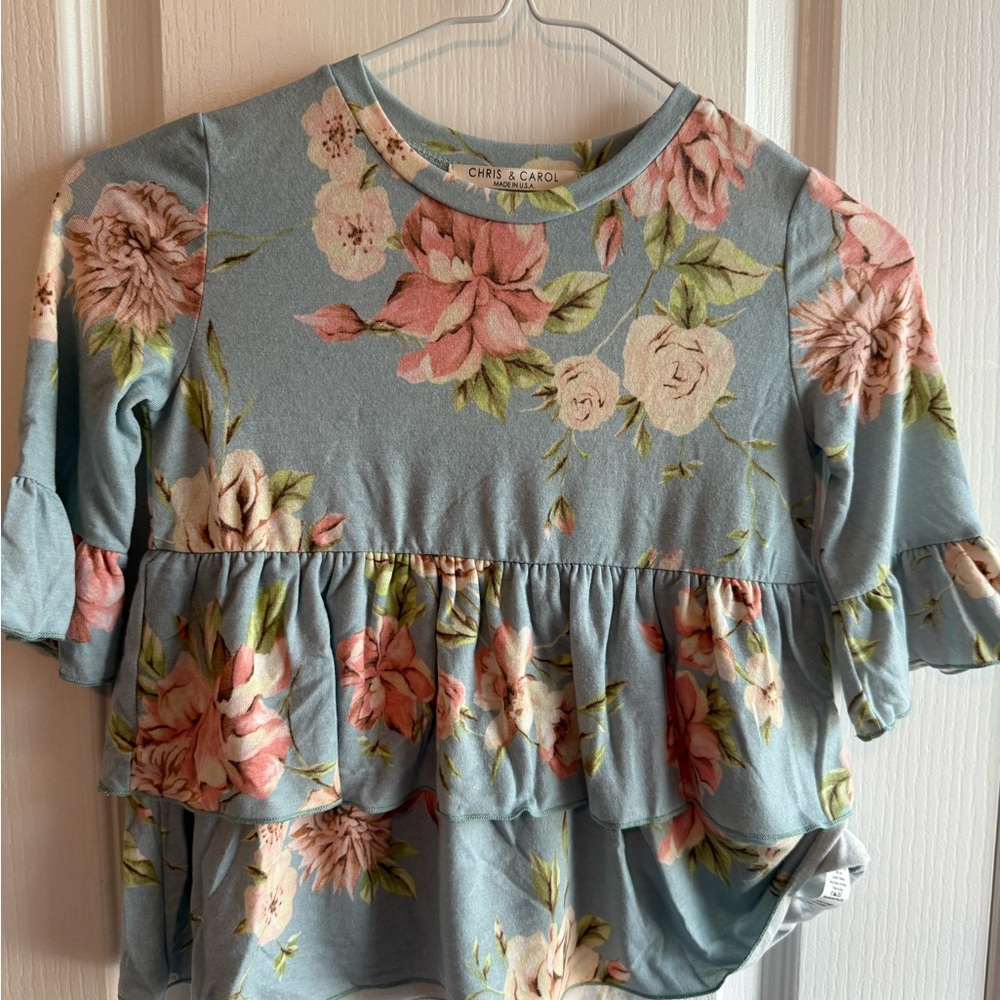 Chris & Carol Floral Ruffle Blouse in Blue and Pink